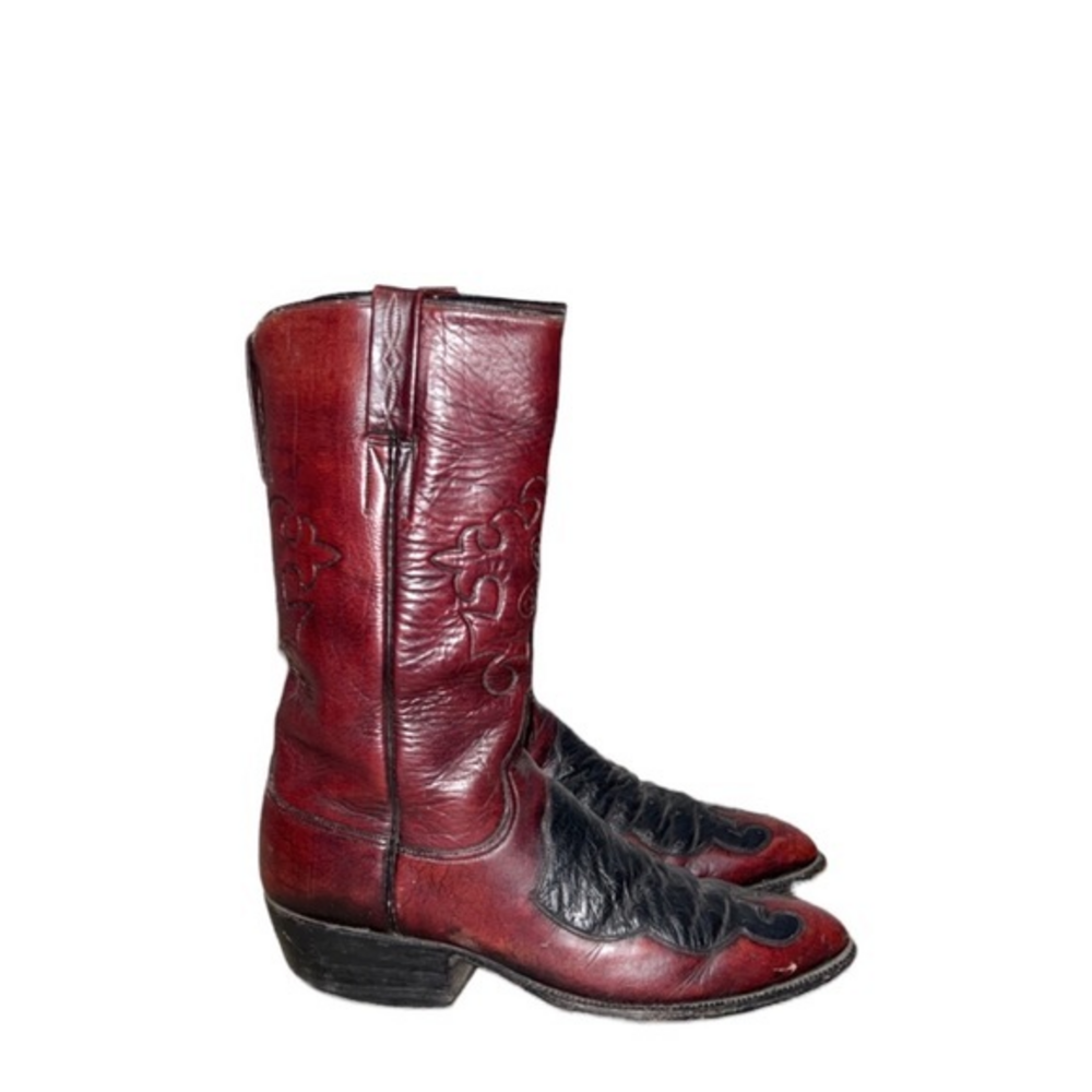 Lucchese 2318 Ostrich Exotic Black Cherry Red Leather Inlay Western Cowboy Boots